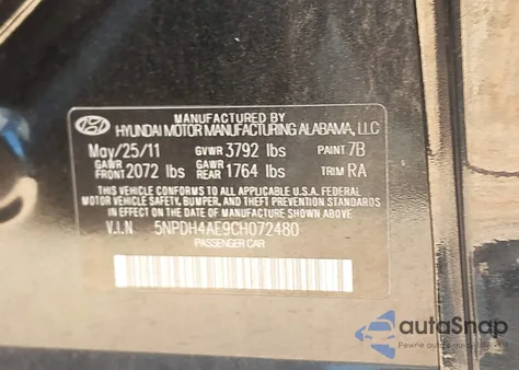 2012 Hyundai Elantra Gls z USA, uszkodzony, nr VIN 5NPDH4AE9CH072480